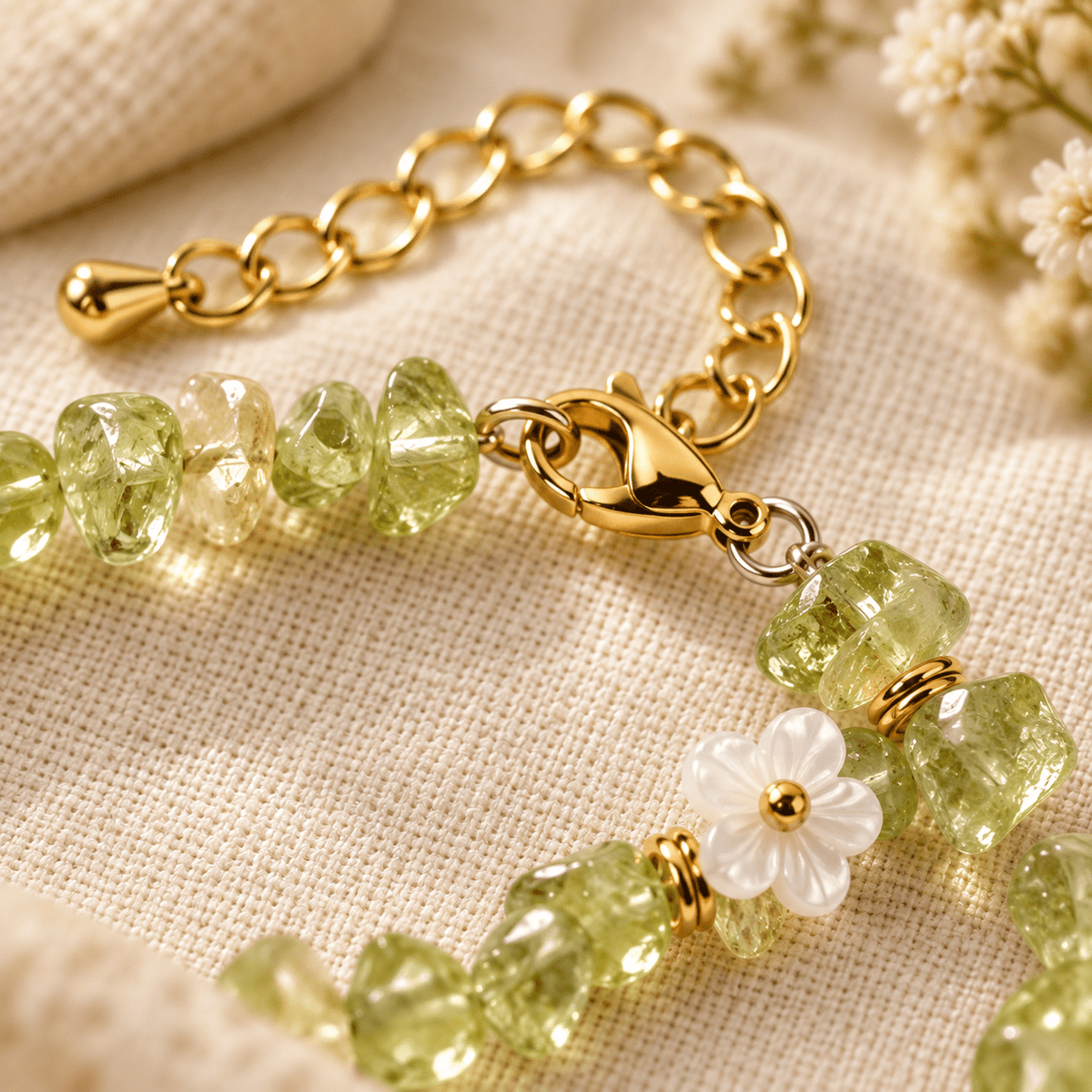 Peridot Ice-Chip Flower Wreath Bracelet - Ocean Rielle Studio