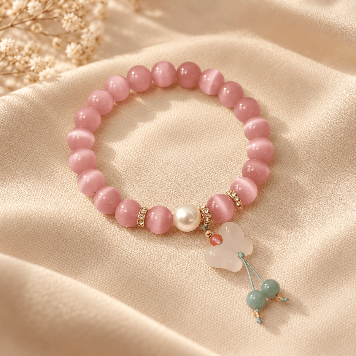 Pink Cat's Eye Pearl & Jade Gourd Bracelet - Ocean Rielle Studio