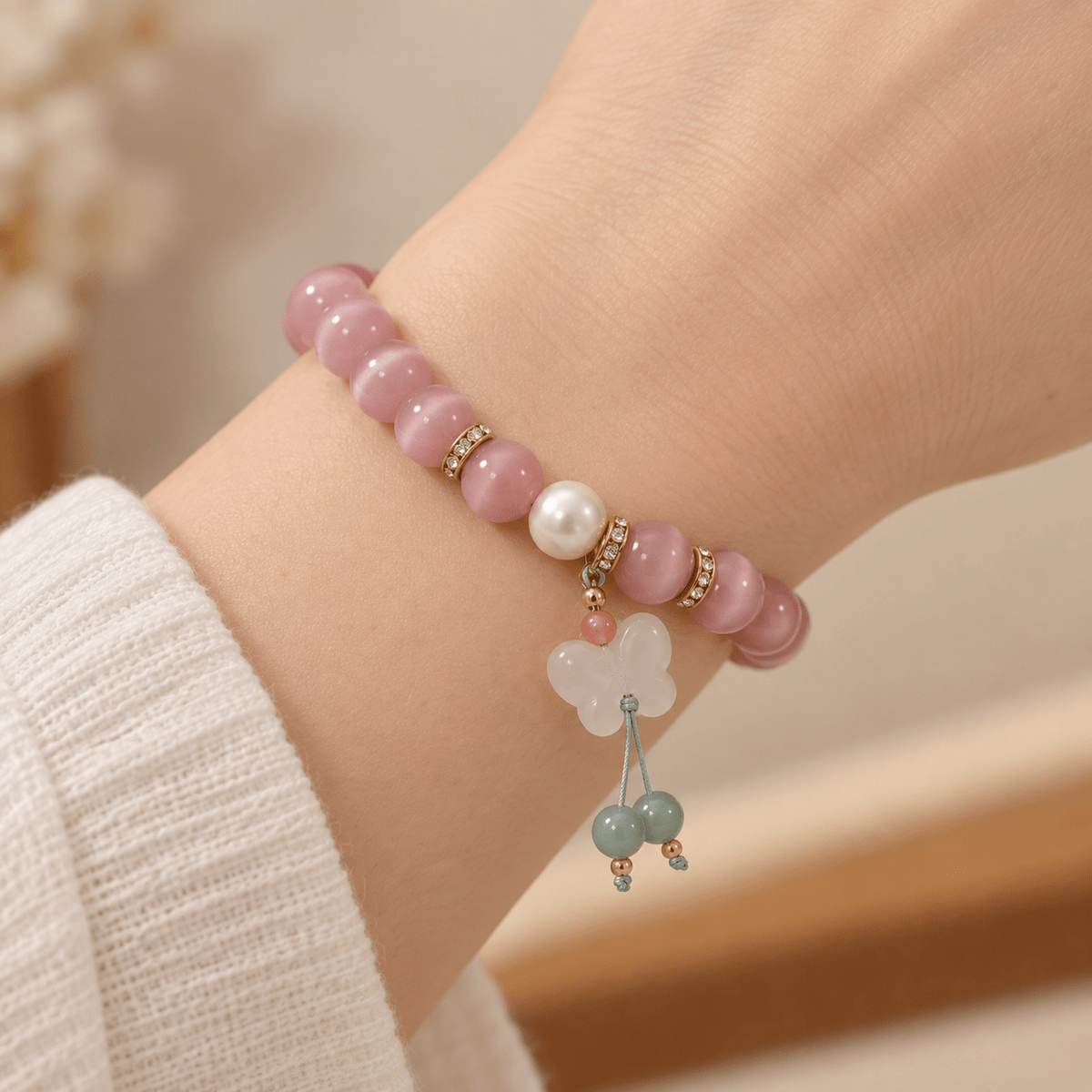 Pink Cat's Eye Pearl & Jade Gourd Bracelet - Ocean Rielle Studio