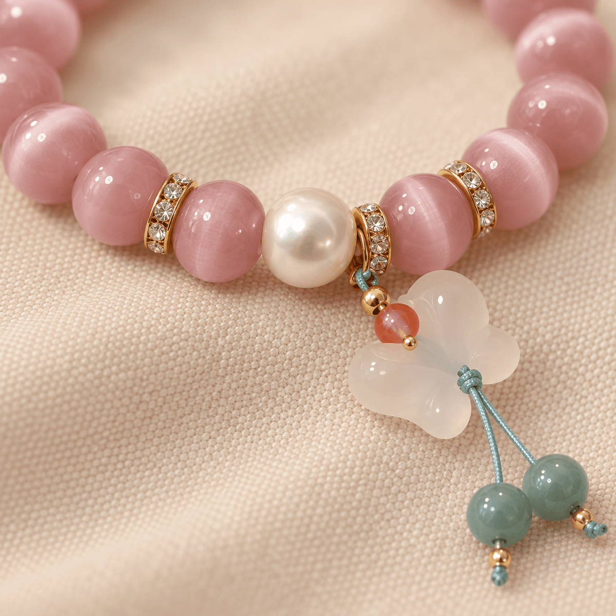 Pink Cat's Eye Pearl & Jade Gourd Bracelet - Ocean Rielle Studio