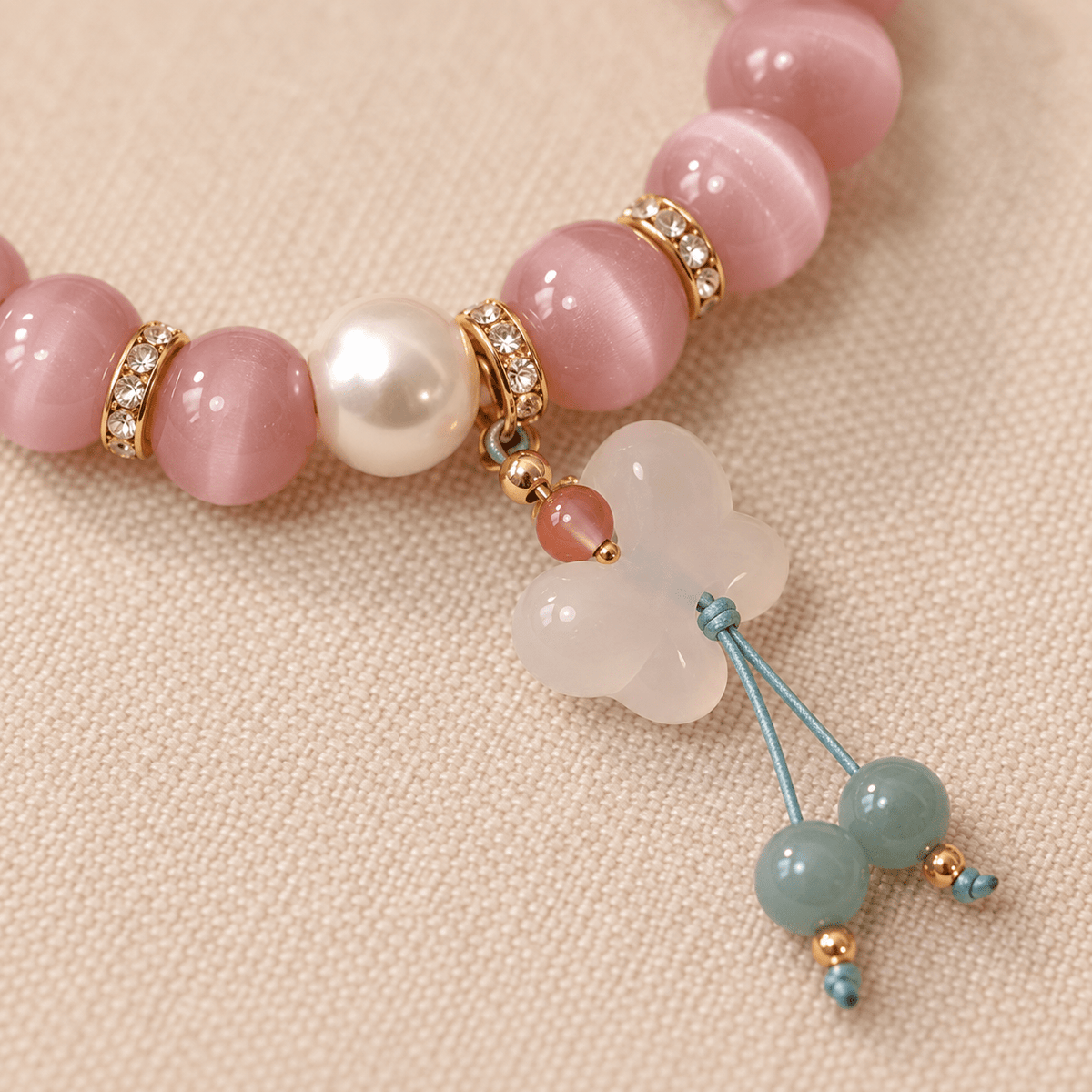 Pink Cat's Eye Pearl & Jade Gourd Bracelet - Ocean Rielle Studio