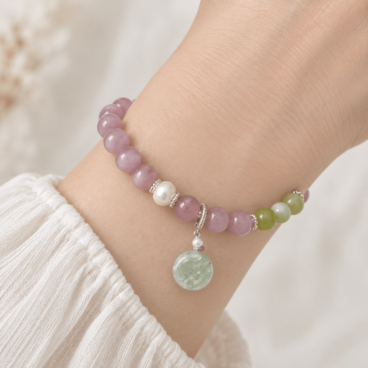 Pink Cat's Eye Prehnite & Jadeite Coin Bracelet - Ocean Rielle Studio