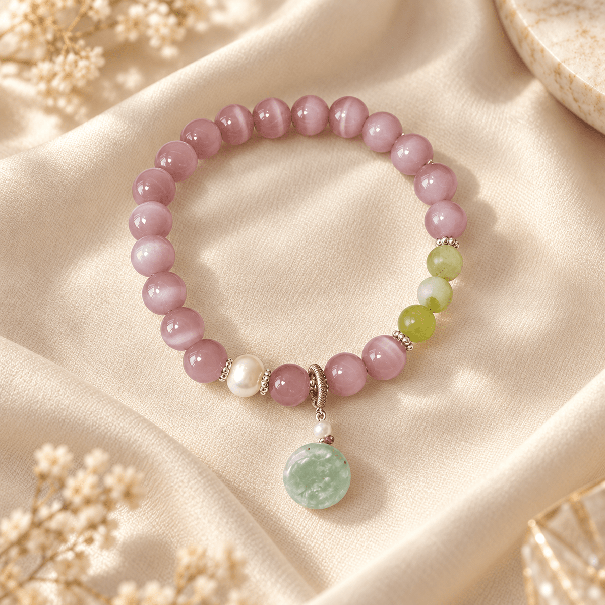 Pink Cat's Eye Prehnite & Jadeite Coin Bracelet - Ocean Rielle Studio