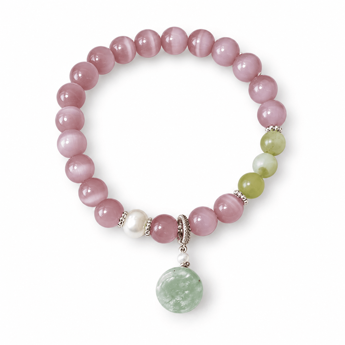 Pink Cat's Eye Prehnite & Jadeite Coin Bracelet - Ocean Rielle Studio