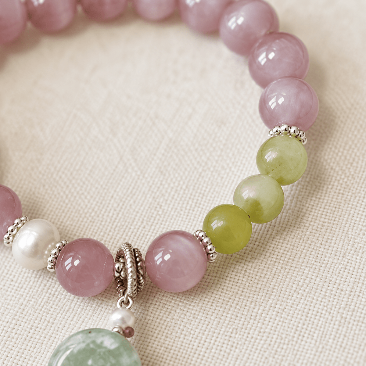 Pink Cat's Eye Prehnite & Jadeite Coin Bracelet - Ocean Rielle Studio