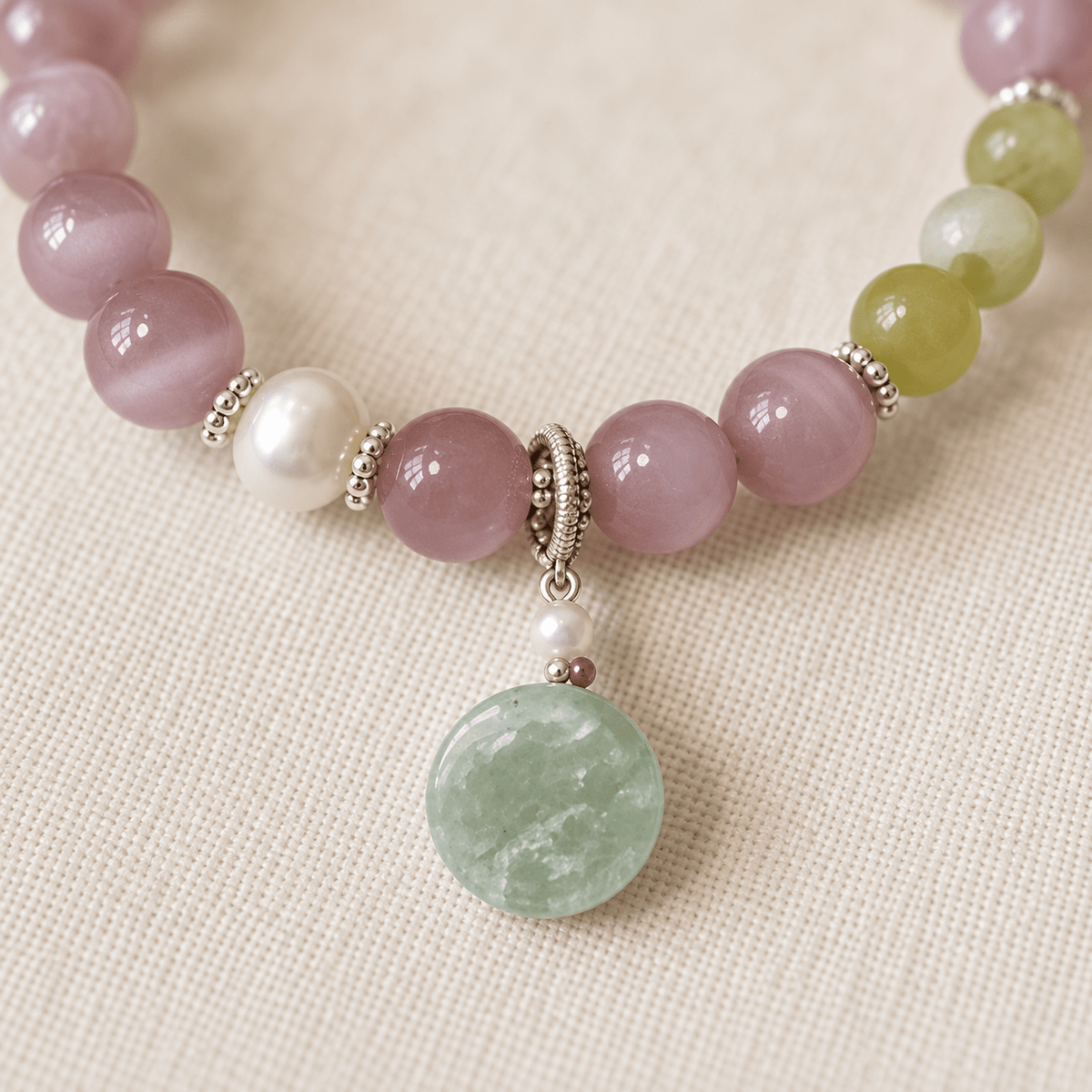 Pink Cat's Eye Prehnite & Jadeite Coin Bracelet - Ocean Rielle Studio