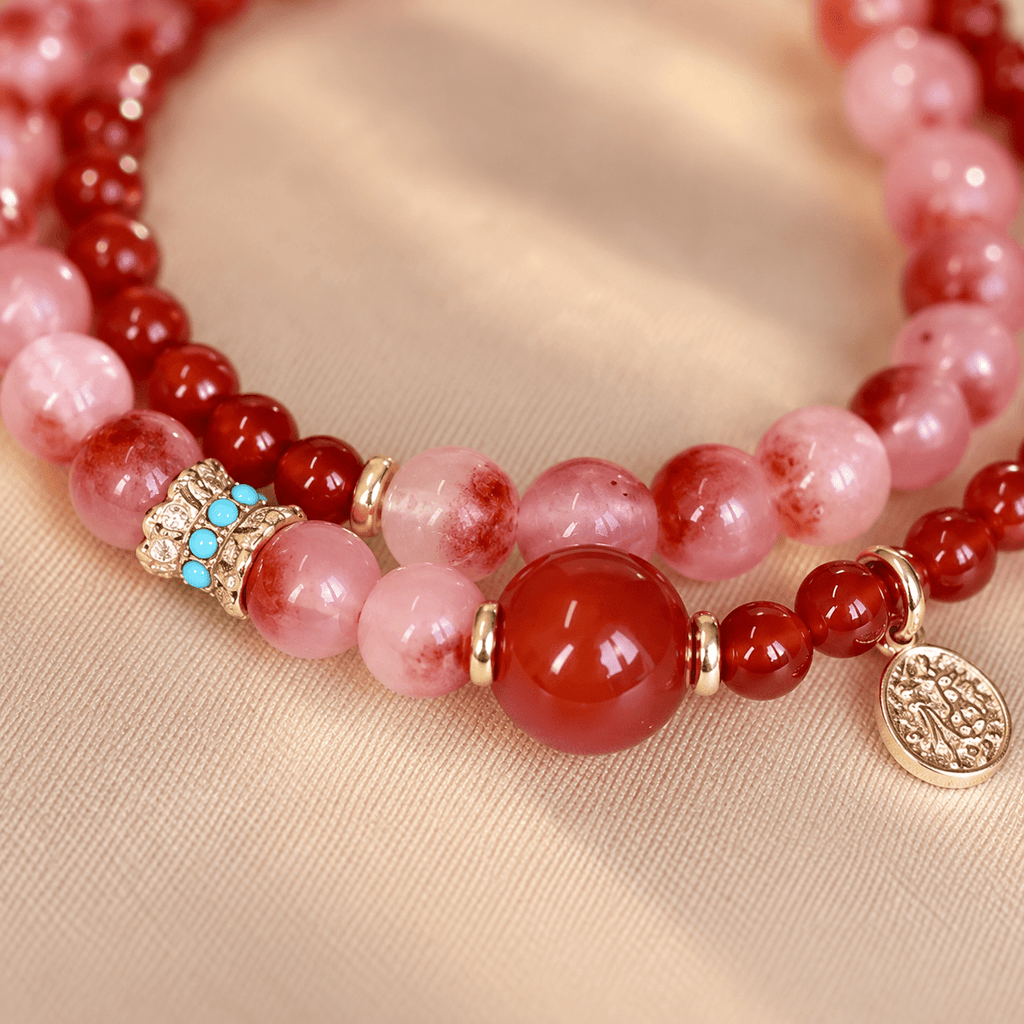 Red Agate Blossom & Strawberry Quartz Double-Wrap Bracelet - Ocean Rielle Studio