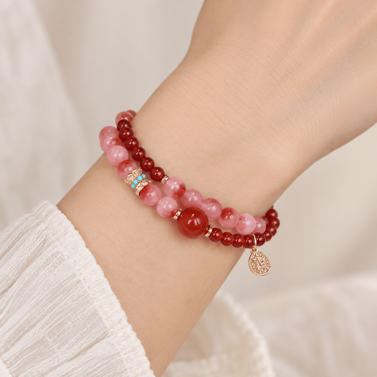 Red Agate Blossom & Strawberry Quartz Double-Wrap Bracelet - Ocean Rielle Studio