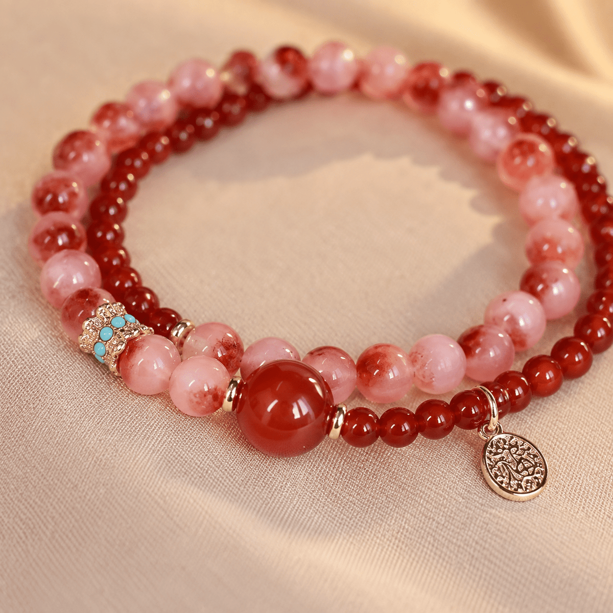 Red Agate Blossom & Strawberry Quartz Double-Wrap Bracelet - Ocean Rielle Studio