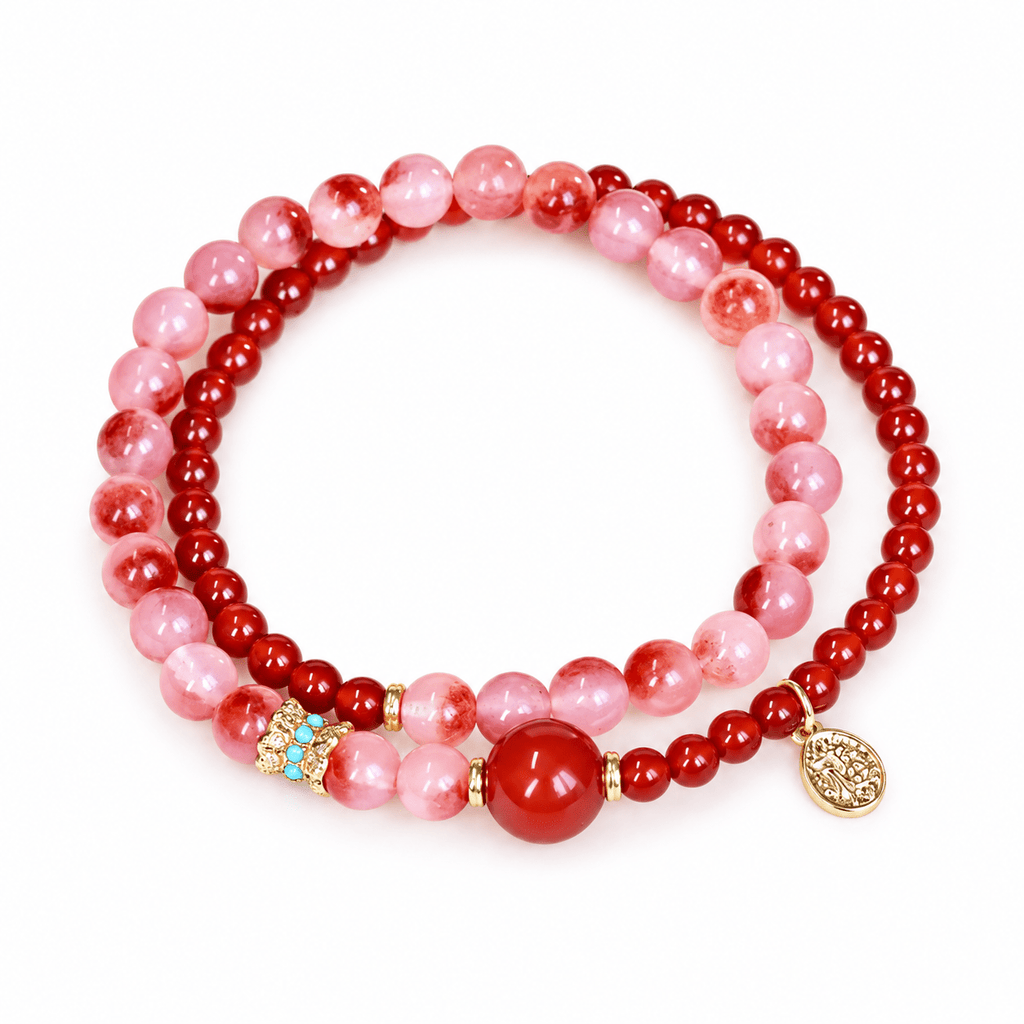 Red Agate Blossom & Strawberry Quartz Double-Wrap Bracelet - Ocean Rielle Studio
