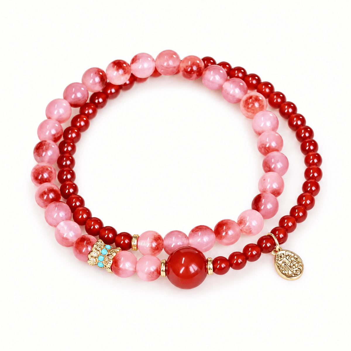 Red Agate Blossom & Strawberry Quartz Double-Wrap Bracelet - Ocean Rielle Studio