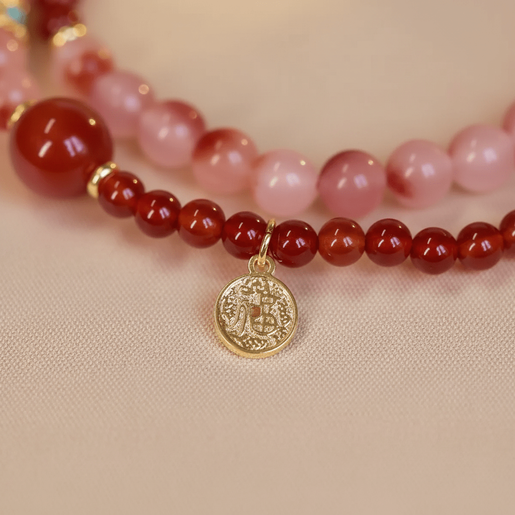 Red Agate Blossom & Strawberry Quartz Double-Wrap Bracelet — Ember Collection - Ocean Rielle Studio