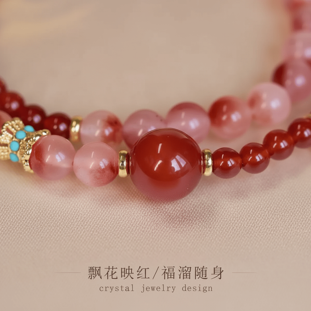 Red Agate Blossom & Strawberry Quartz Double-Wrap Bracelet — Ember Collection - Ocean Rielle Studio