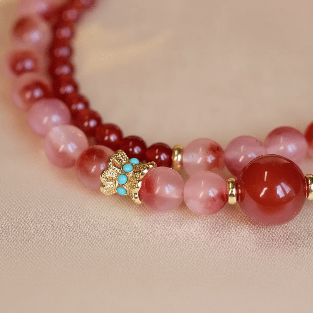 Red Agate Blossom & Strawberry Quartz Double-Wrap Bracelet — Ember Collection - Ocean Rielle Studio