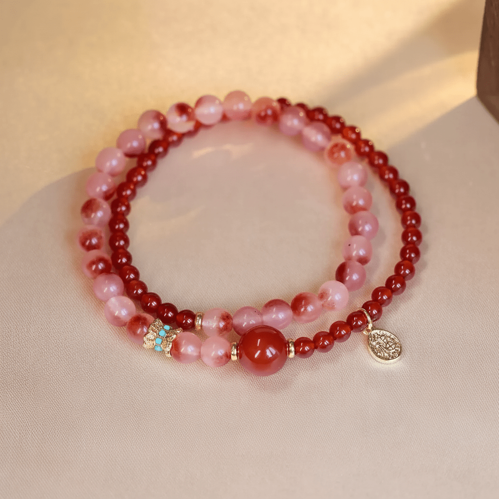 Red Agate Blossom & Strawberry Quartz Double-Wrap Bracelet — Ember Collection - Ocean Rielle Studio