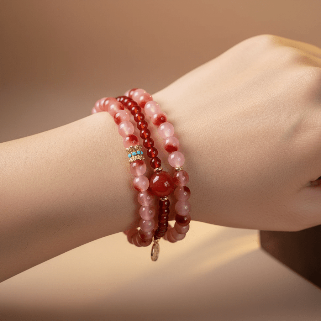 Red Agate Blossom & Strawberry Quartz Double-Wrap Bracelet — Ember Collection - Ocean Rielle Studio