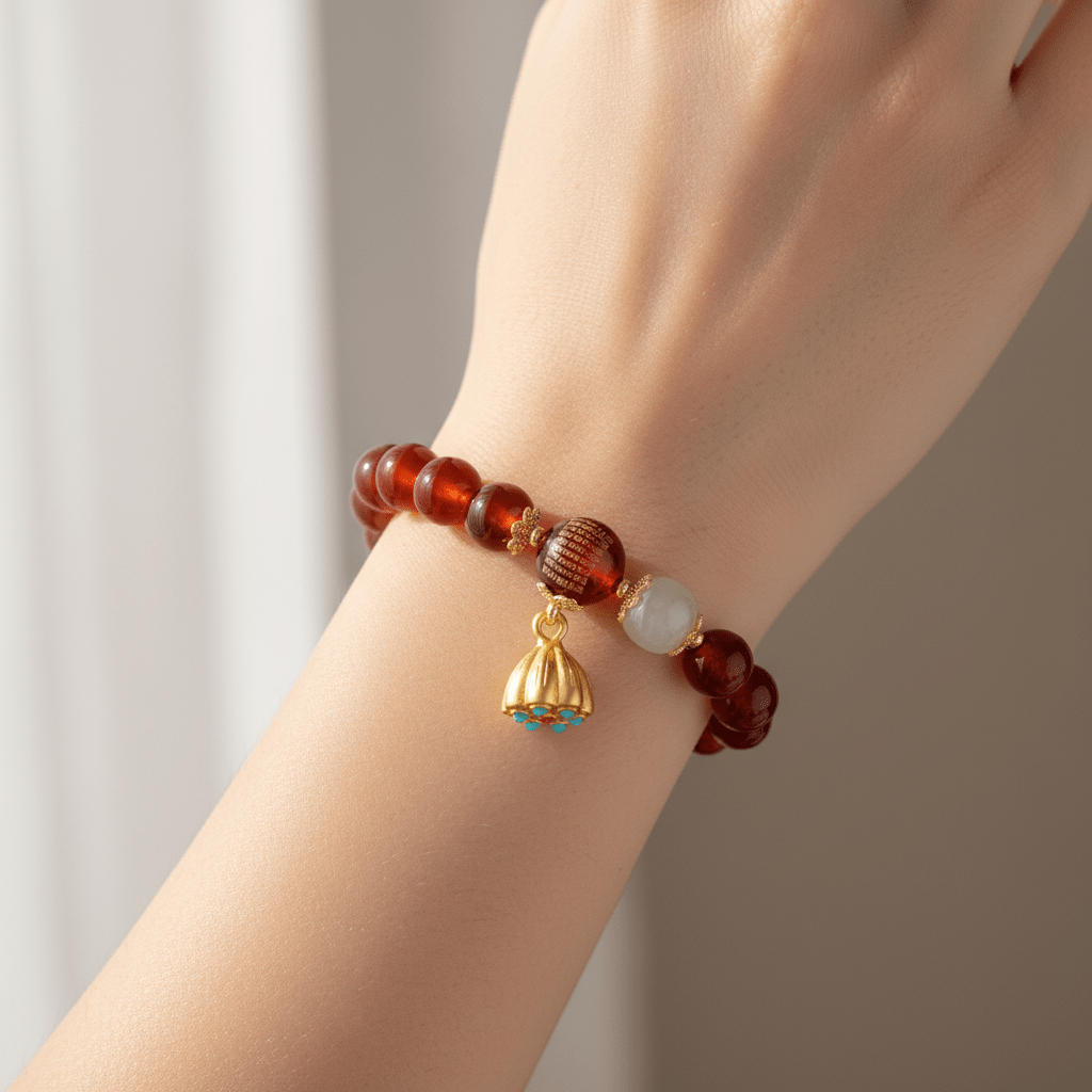 Red Candy Agate Heart Sutra & Hetian Jade Bracelet — Ember Collection - Ocean Rielle Studio