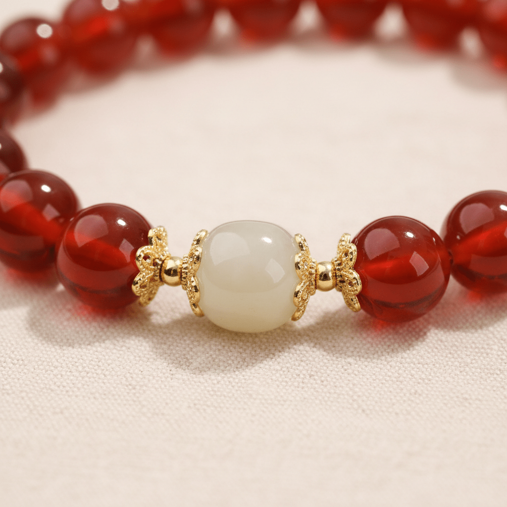 Red Candy Agate Heart Sutra & Hetian Jade Bracelet — Ember Collection - Ocean Rielle Studio