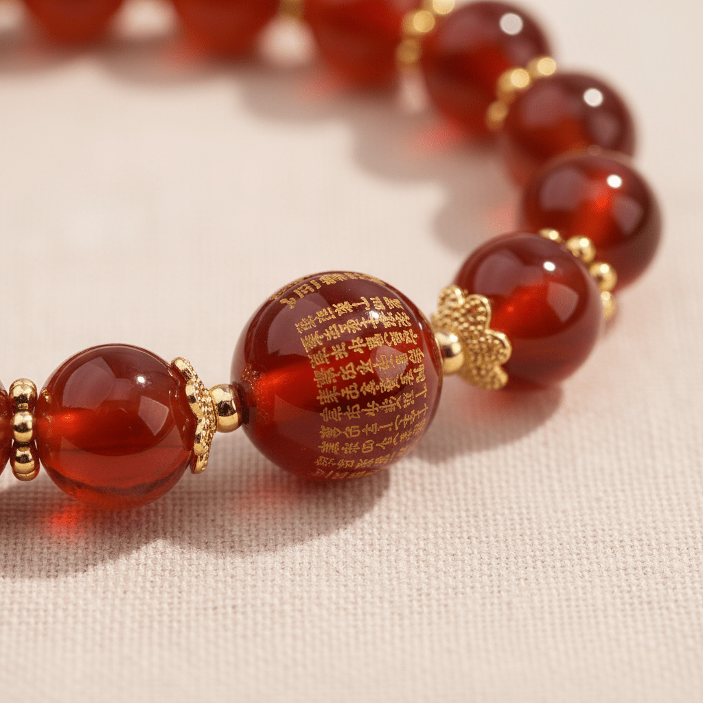 Red Candy Agate Heart Sutra & Hetian Jade Bracelet — Ember Collection - Ocean Rielle Studio
