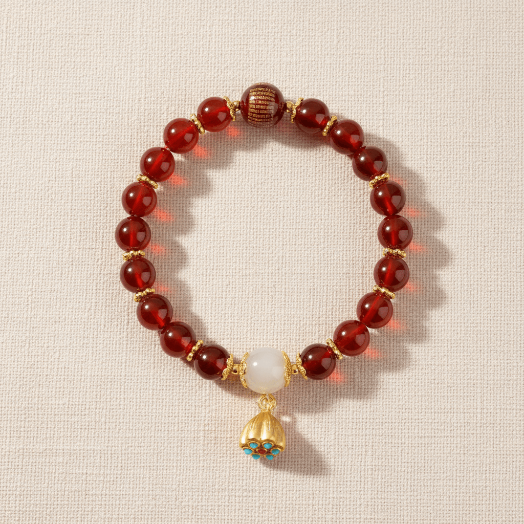 Red Candy Agate Heart Sutra & Hetian Jade Bracelet — Ember Collection - Ocean Rielle Studio