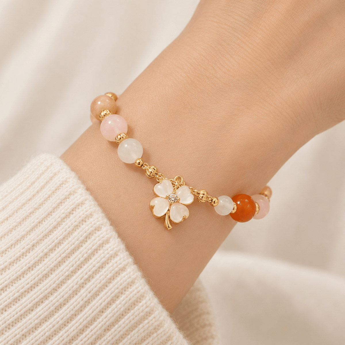 Red Carnelian & Peach Moonstone Flower Bracelet - Ocean Rielle Studio