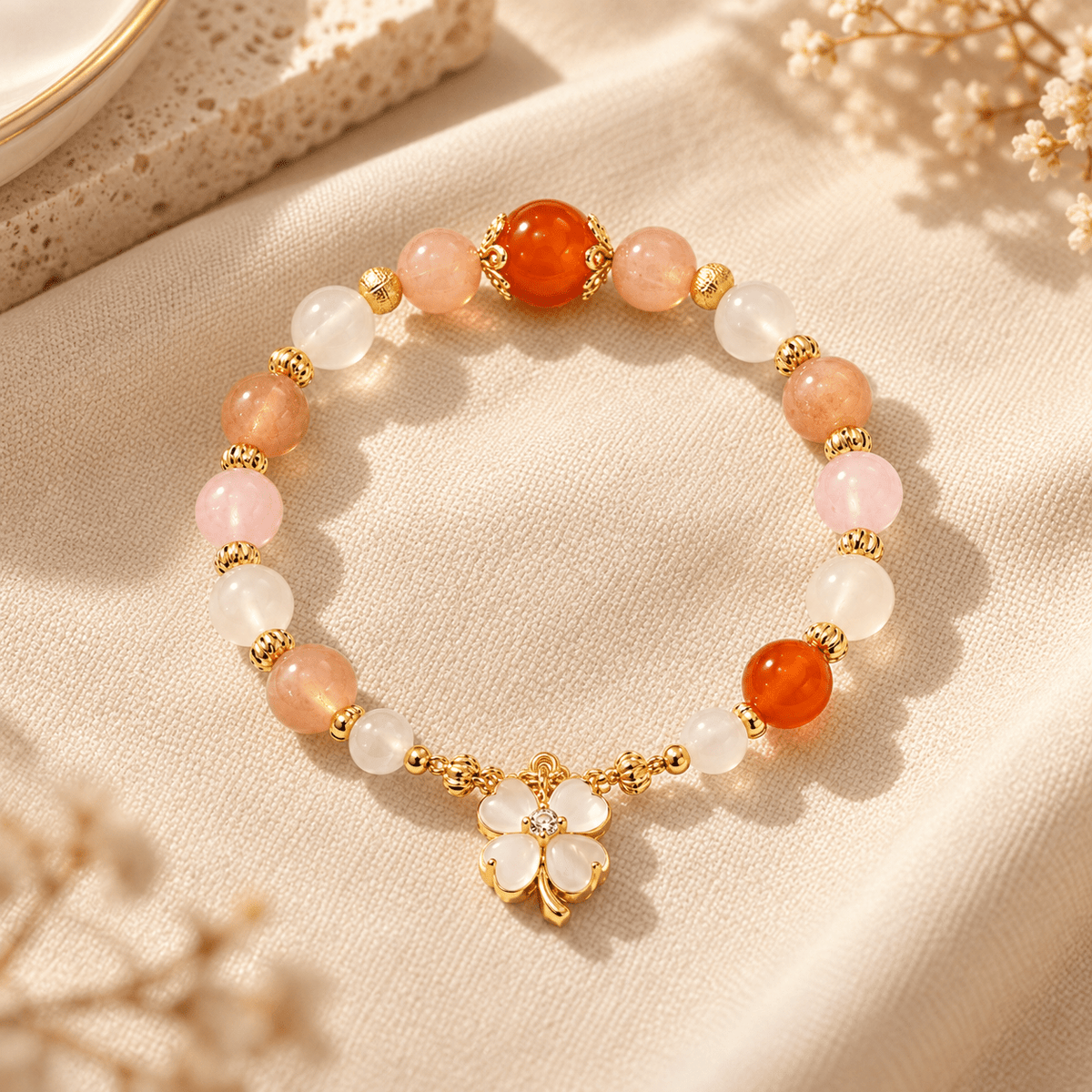 Red Carnelian & Peach Moonstone Flower Bracelet - Ocean Rielle Studio