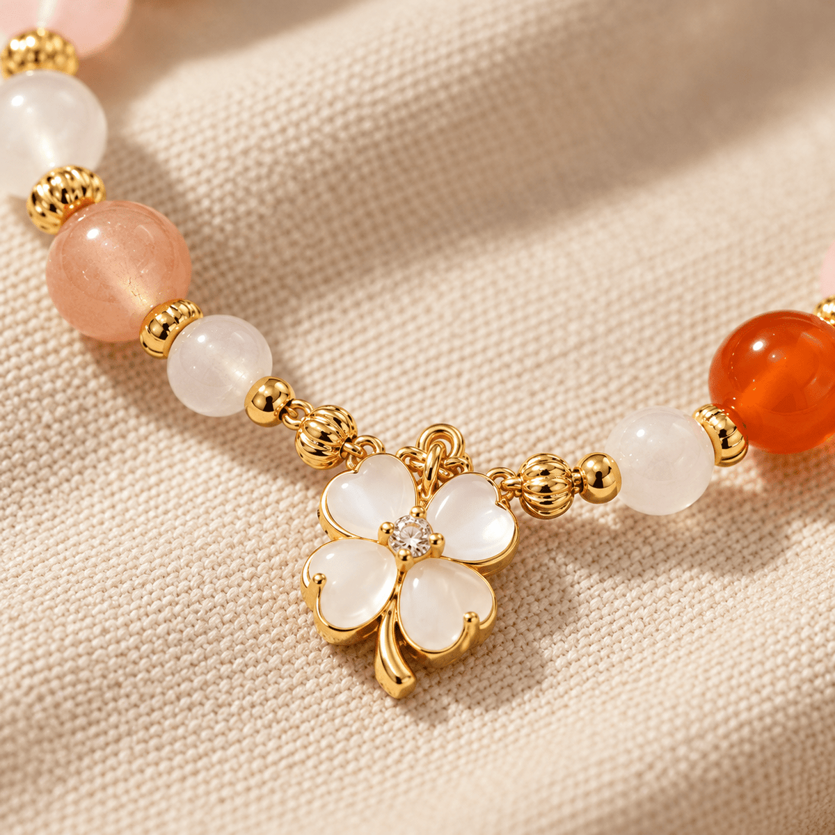Red Carnelian & Peach Moonstone Flower Bracelet - Ocean Rielle Studio