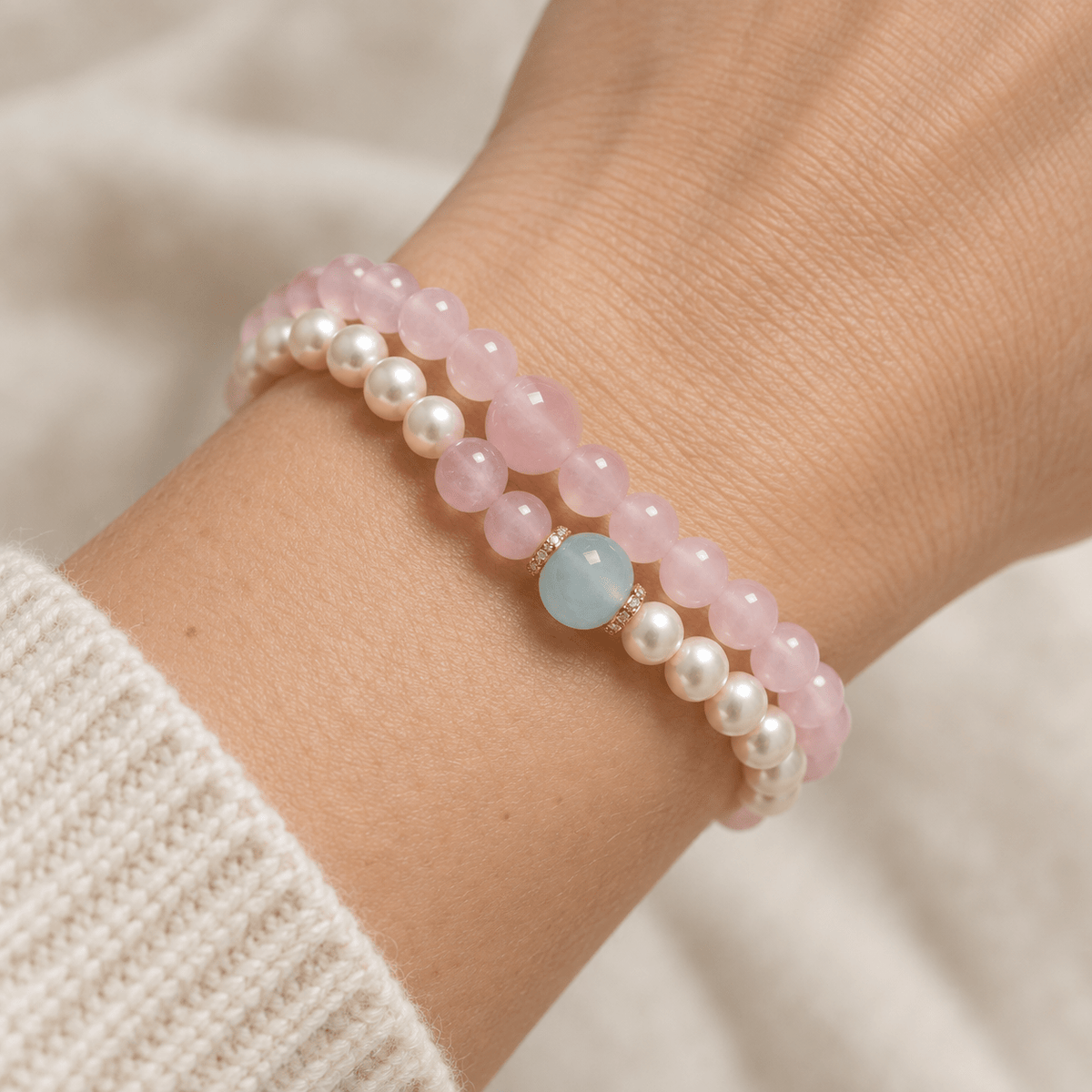 Rose Quartz & Freshwater Pearl Aquamarine Bracelet - Ocean Rielle Studio