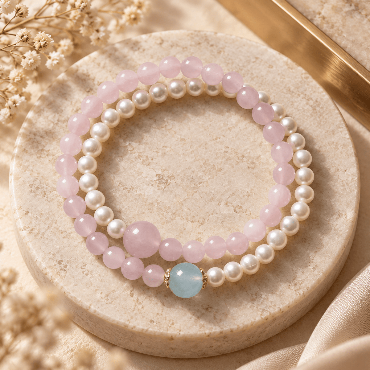 Rose Quartz & Freshwater Pearl Aquamarine Bracelet - Ocean Rielle Studio