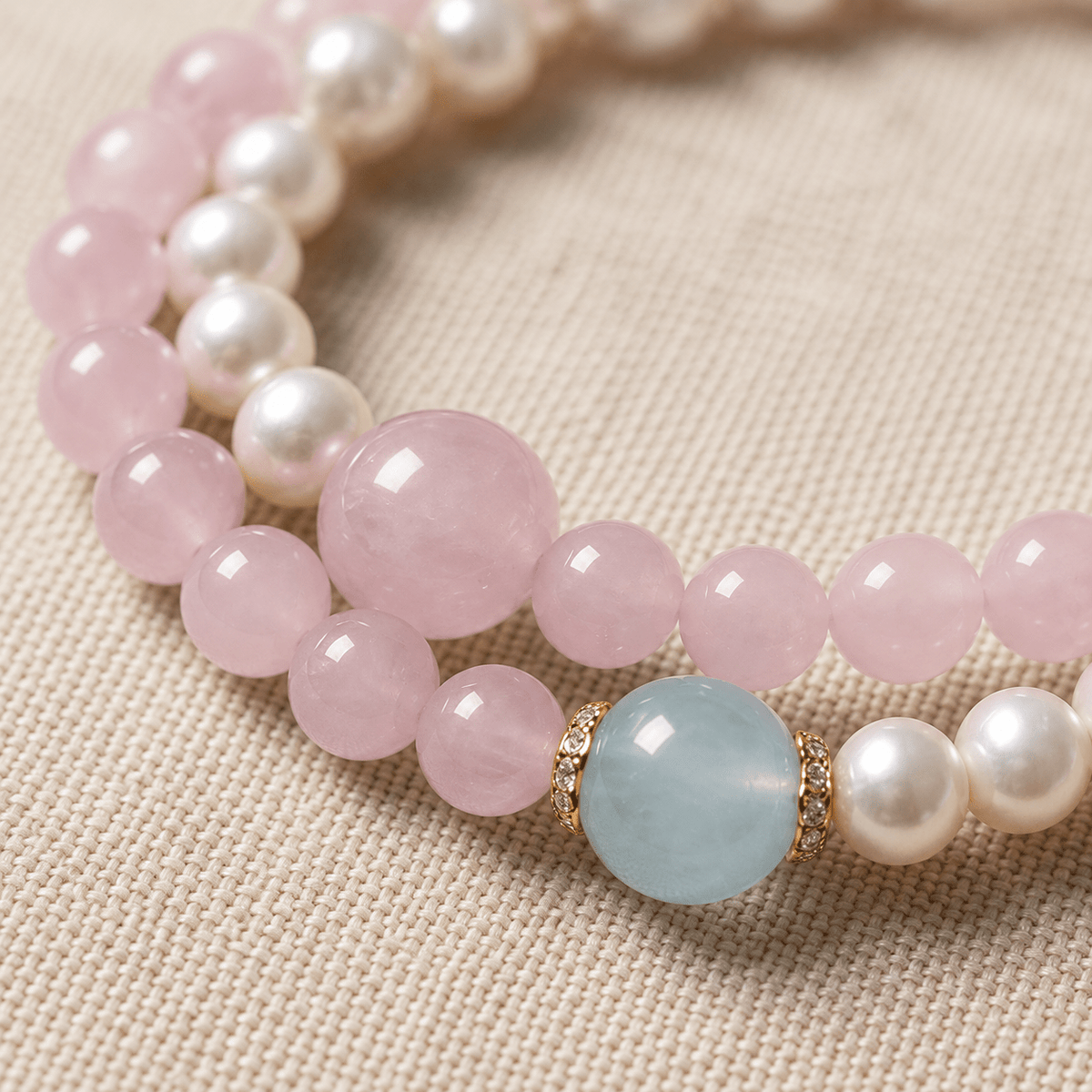 Rose Quartz & Freshwater Pearl Aquamarine Bracelet - Ocean Rielle Studio