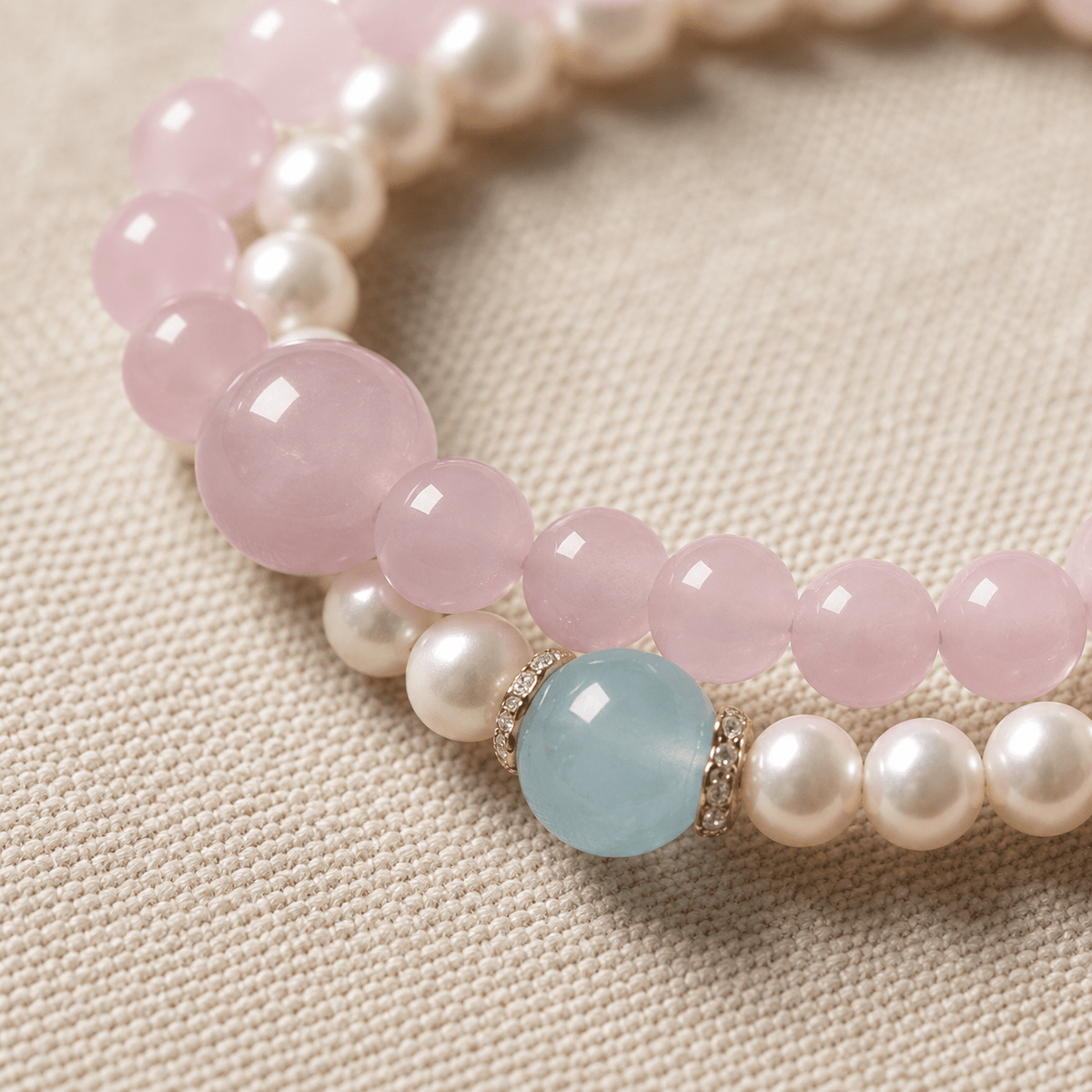 Rose Quartz & Freshwater Pearl Aquamarine Bracelet - Ocean Rielle Studio