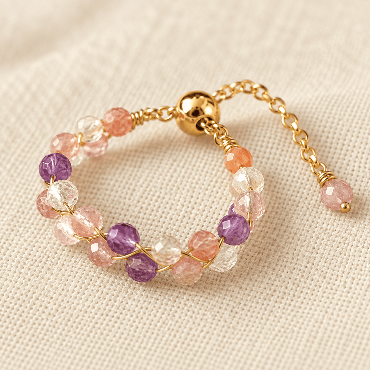 Strawberry Quartz & Amethyst Wire-Wrapped Ring - Ocean Rielle Studio