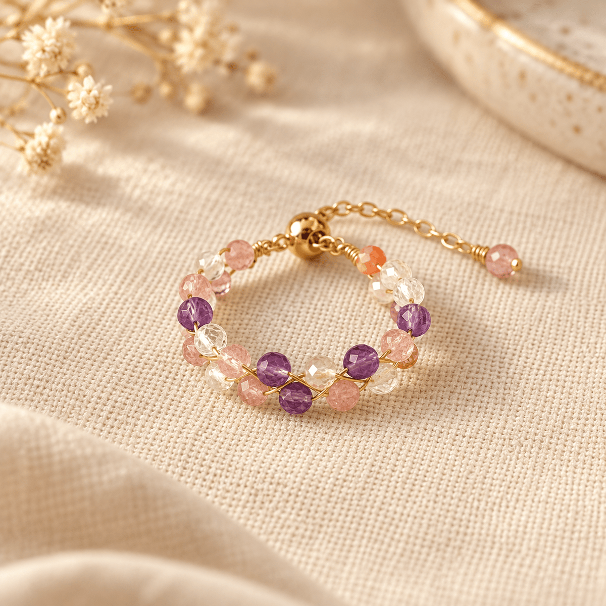 Strawberry Quartz & Amethyst Wire-Wrapped Ring - Ocean Rielle Studio
