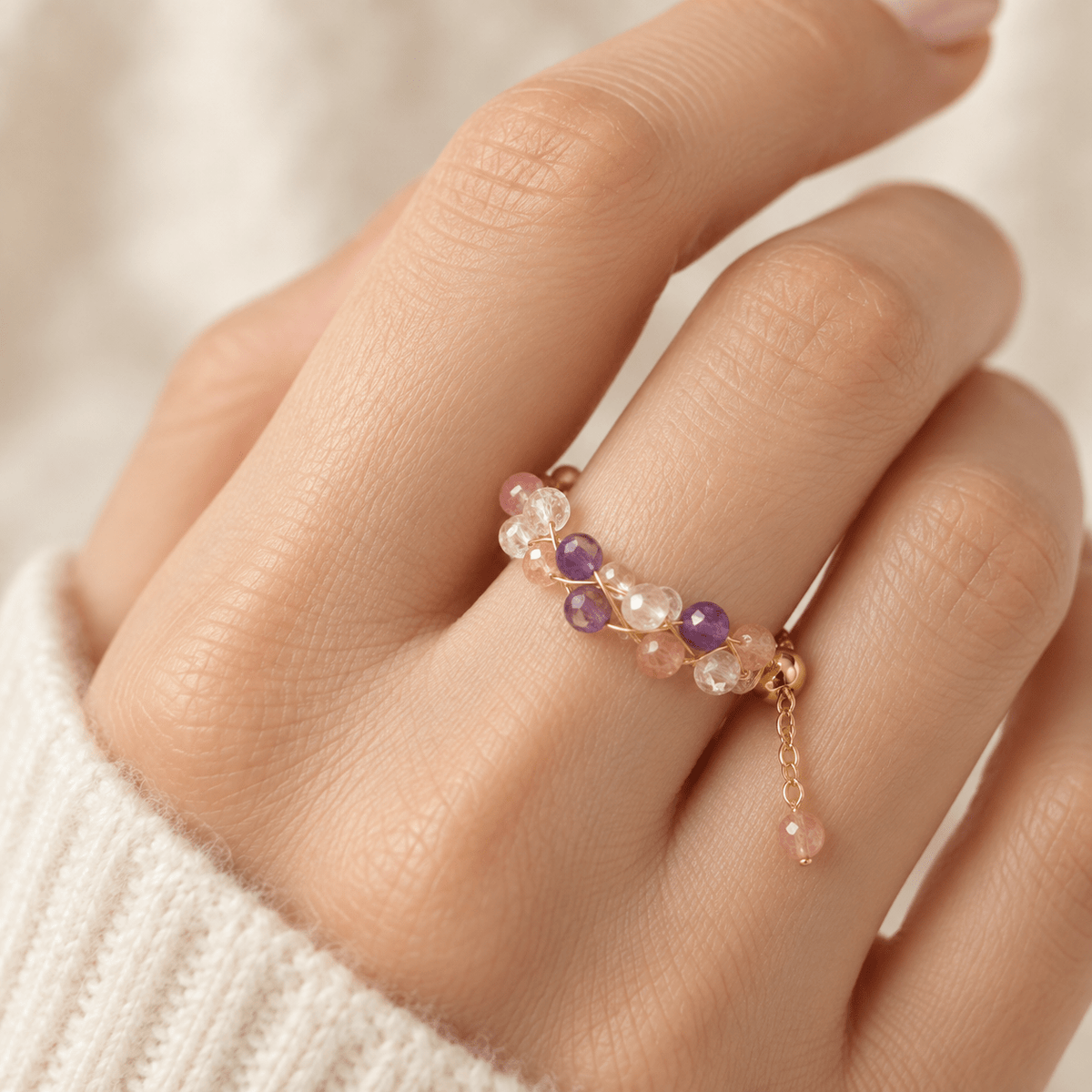 Strawberry Quartz & Amethyst Wire-Wrapped Ring - Ocean Rielle Studio