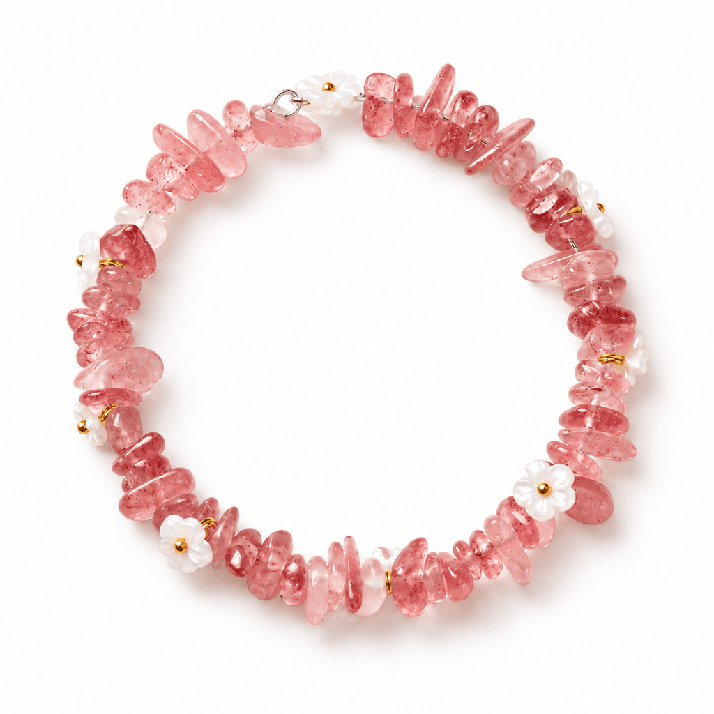 Strawberry Quartz Ice-Chip Flower Wreath Bracelet - Ocean Rielle Studio