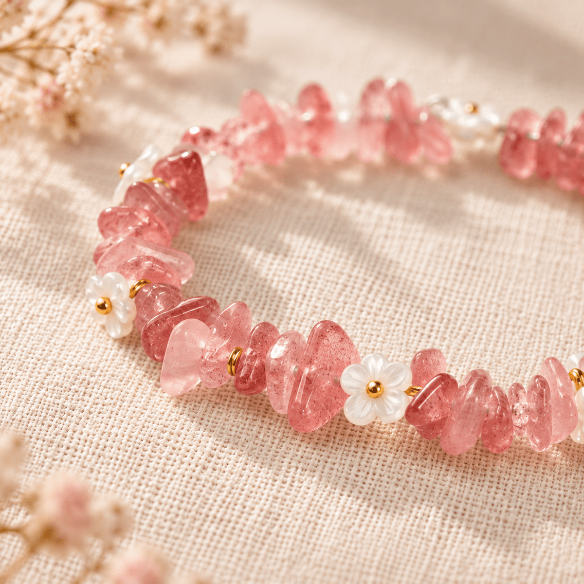 Strawberry Quartz Ice-Chip Flower Wreath Bracelet - Ocean Rielle Studio