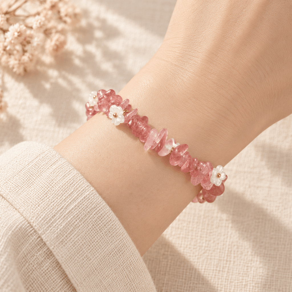 Strawberry Quartz Ice-Chip Flower Wreath Bracelet - Ocean Rielle Studio