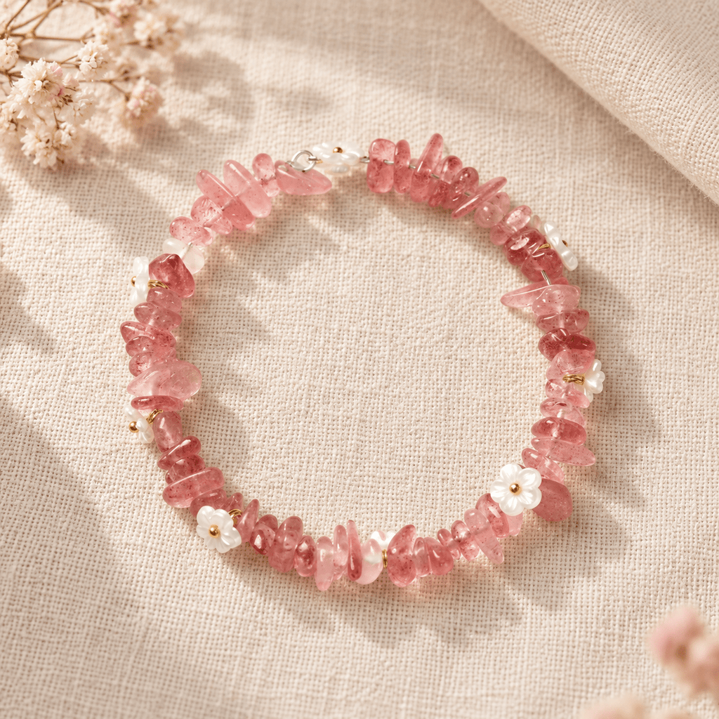 Strawberry Quartz Ice-Chip Flower Wreath Bracelet - Ocean Rielle Studio