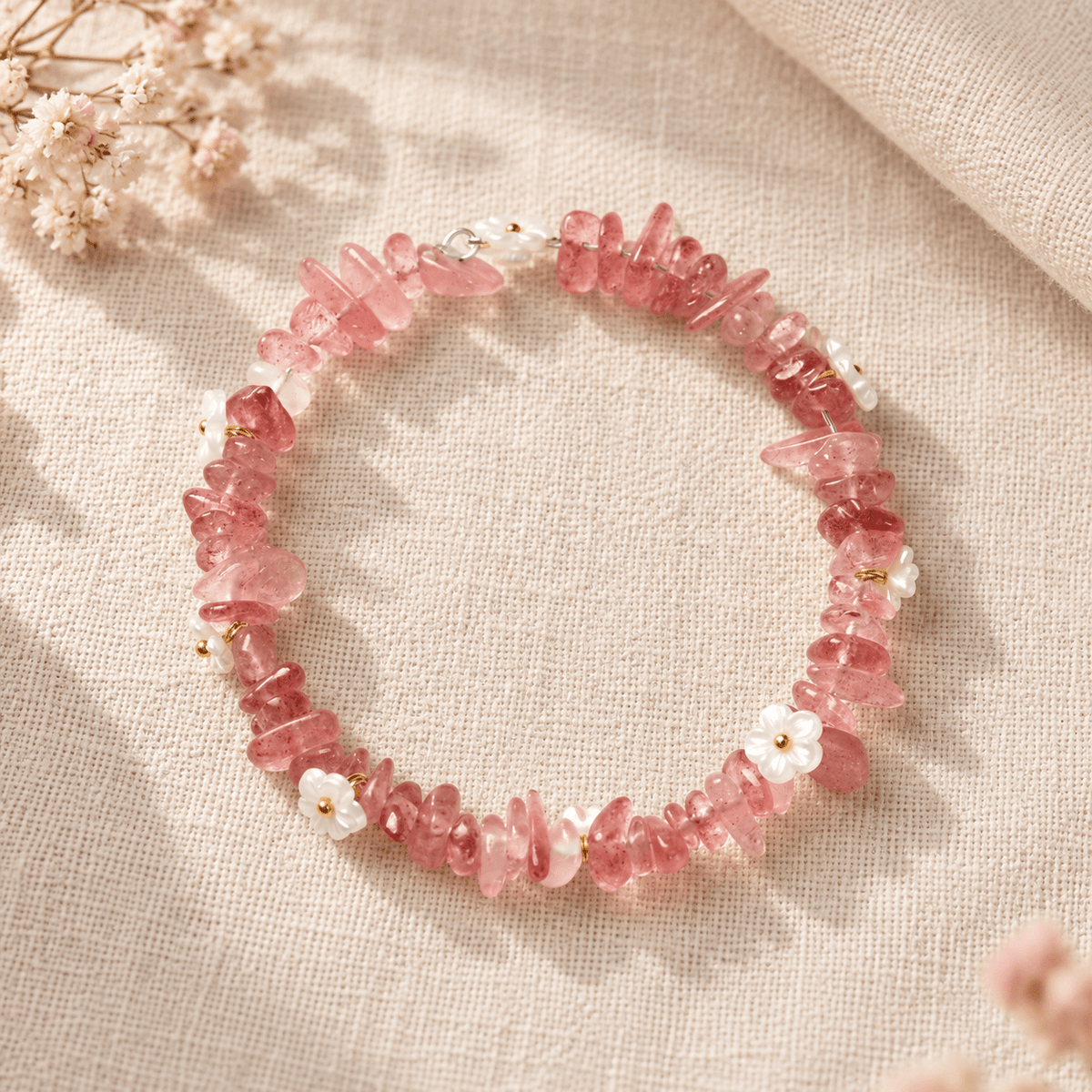 Strawberry Quartz Ice-Chip Flower Wreath Bracelet - Ocean Rielle Studio