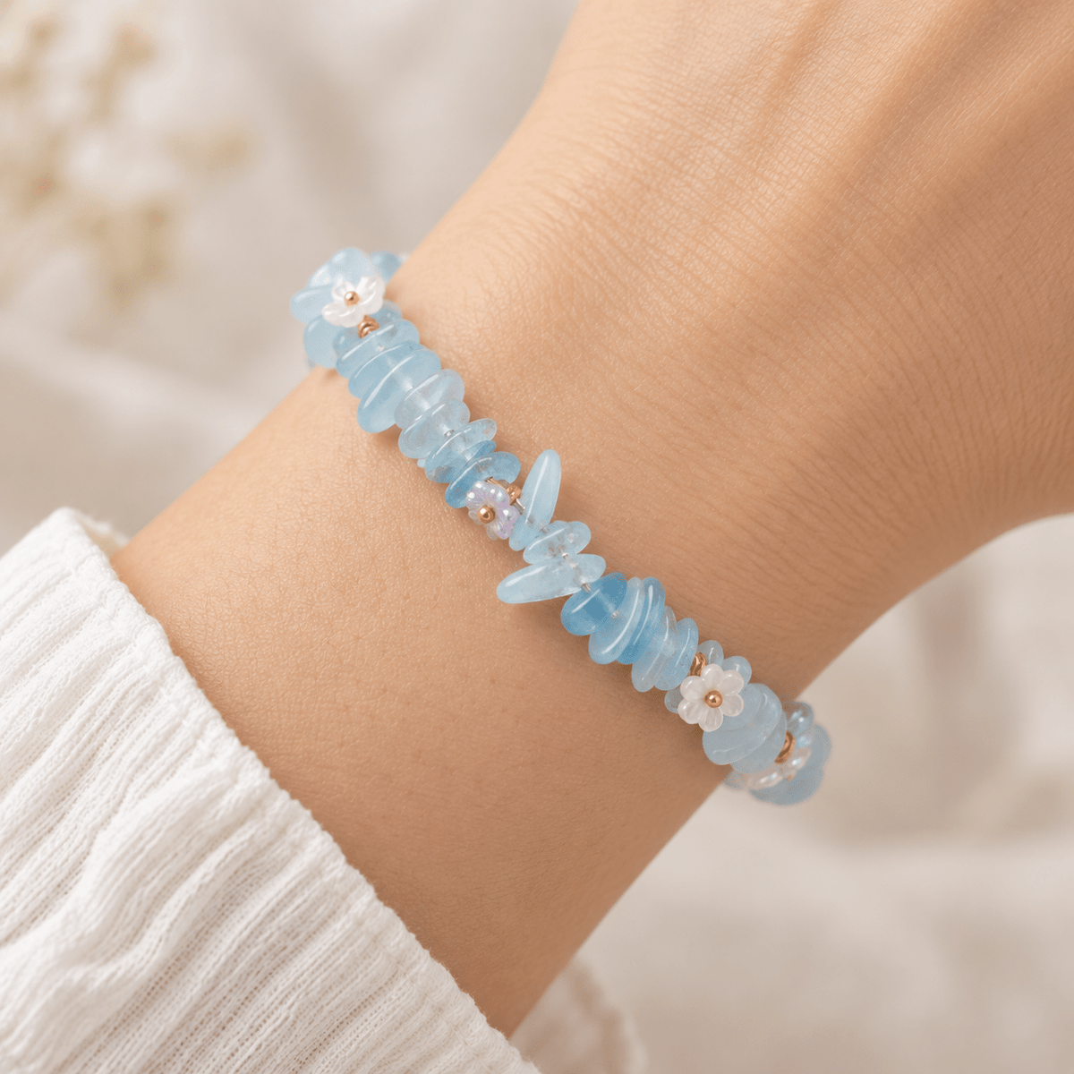 Strawberry Quartz Ice-Chip Flower Wreath Bracelet - Ocean Rielle Studio