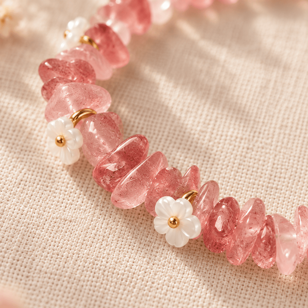 Strawberry Quartz Ice-Chip Flower Wreath Bracelet - Ocean Rielle Studio