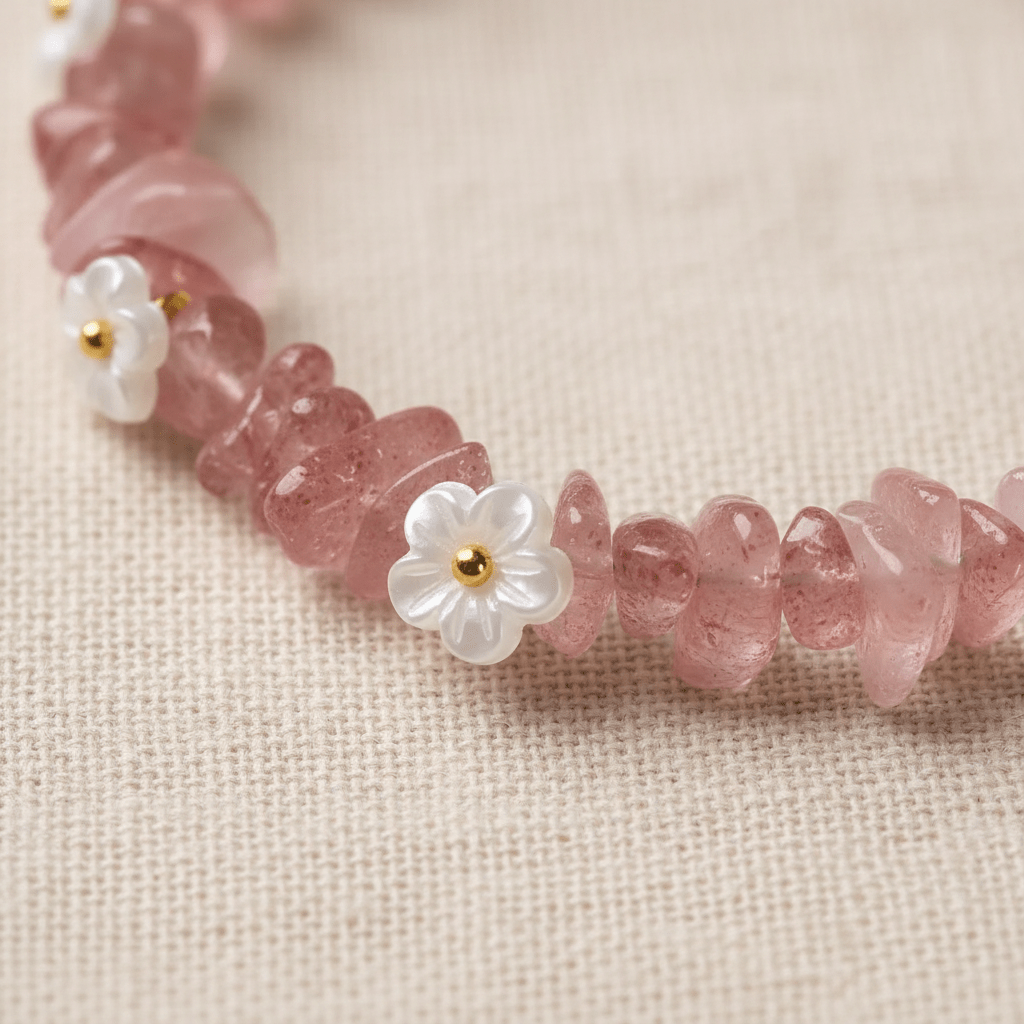 Strawberry Quartz Ice-Chip Flower Wreath Bracelet — Frost Petal Collection - Ocean Rielle Studio