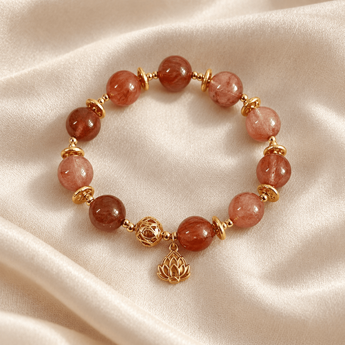 Strawberry Quartz & Lotus Bell Bracelet - Ocean Rielle Studio