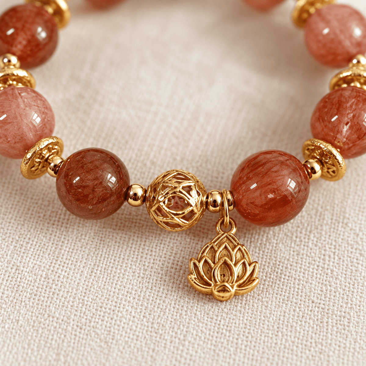 Strawberry Quartz & Lotus Bell Bracelet - Ocean Rielle Studio