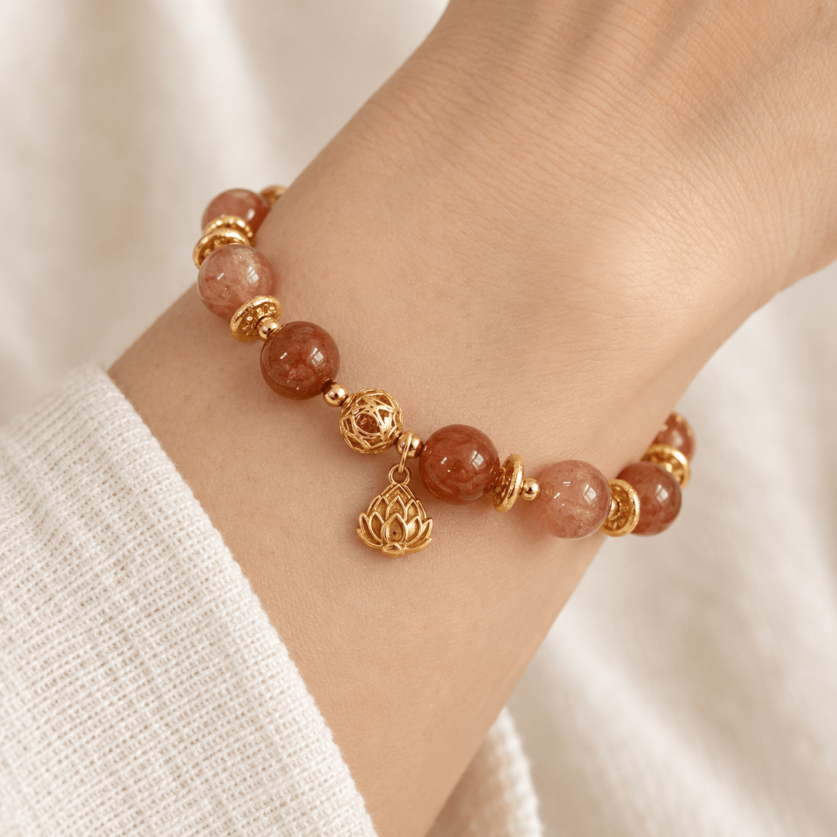Strawberry Quartz & Lotus Bell Bracelet - Ocean Rielle Studio