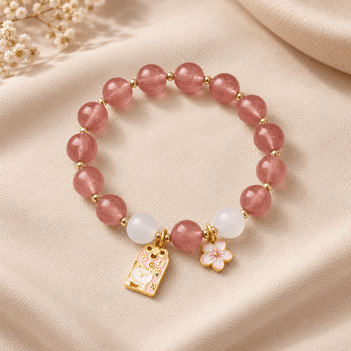Strawberry Quartz & Lucky Cat Charm Bracelet - Ocean Rielle Studio