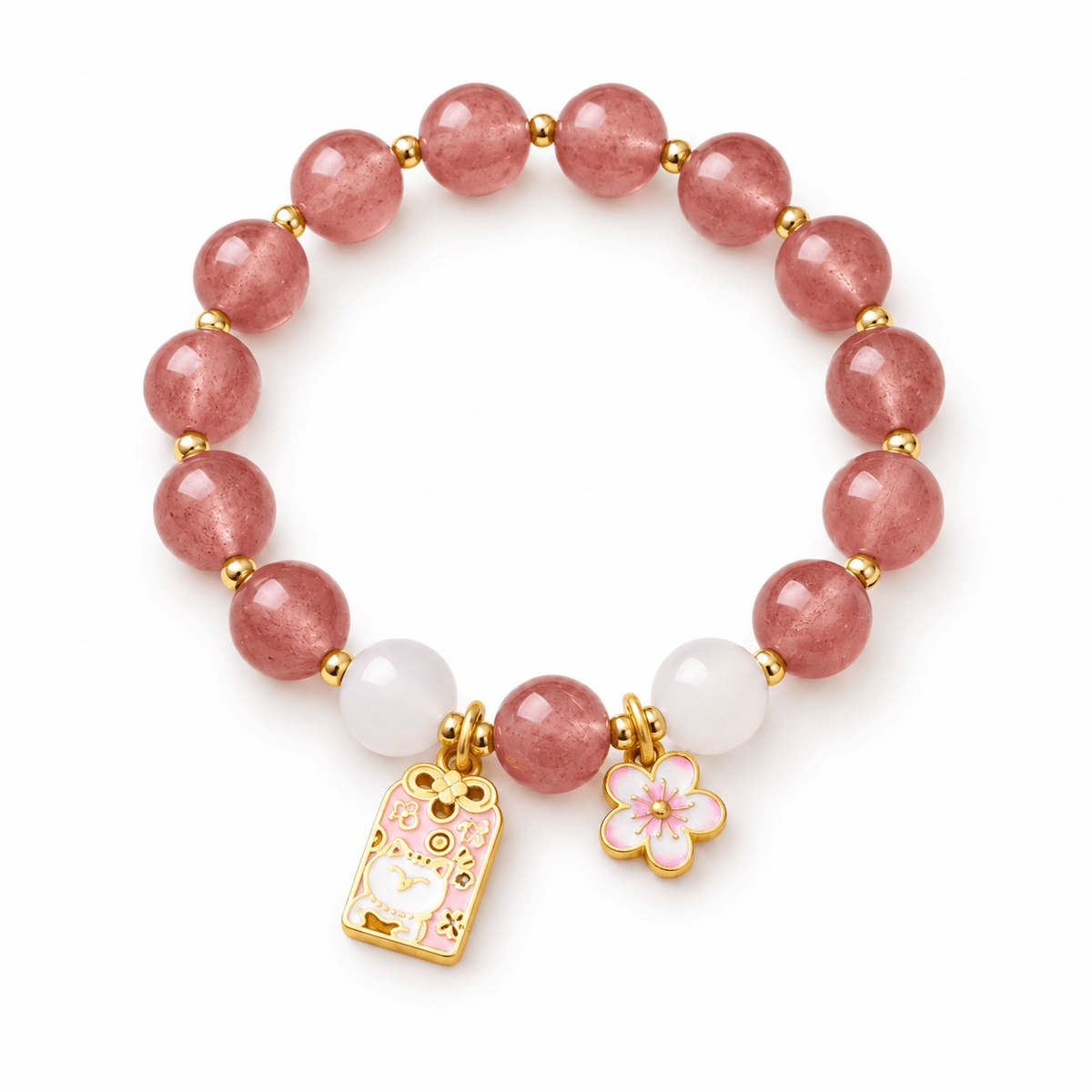 Strawberry Quartz & Lucky Cat Charm Bracelet - Ocean Rielle Studio