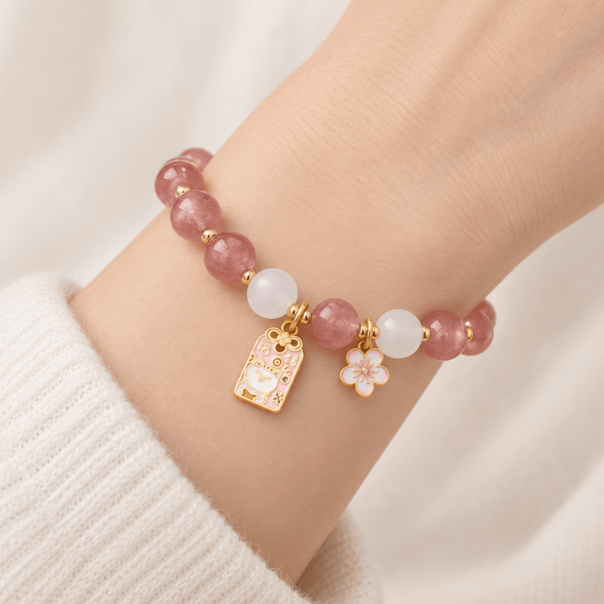 Strawberry Quartz & Lucky Cat Charm Bracelet - Ocean Rielle Studio