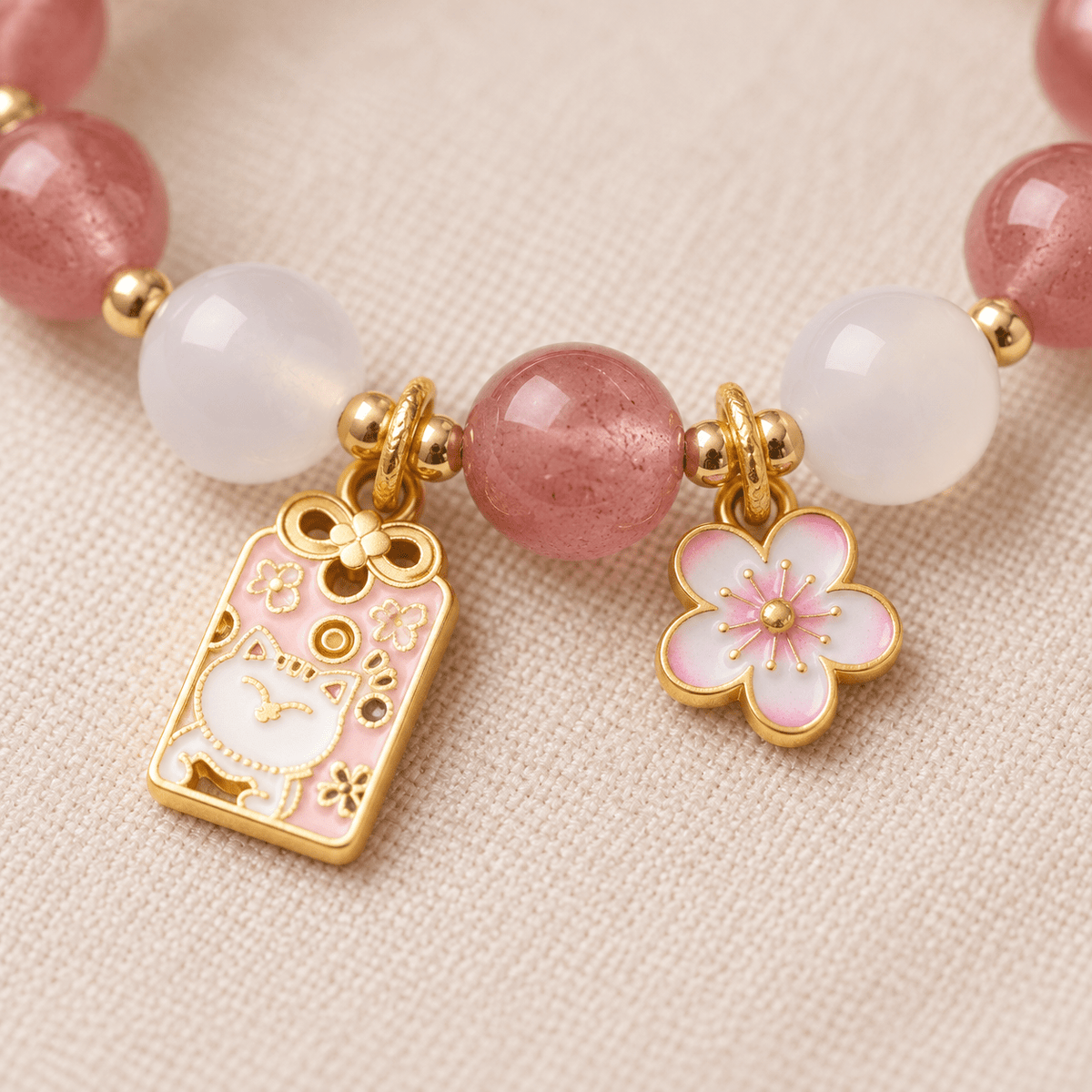 Strawberry Quartz & Lucky Cat Charm Bracelet - Ocean Rielle Studio