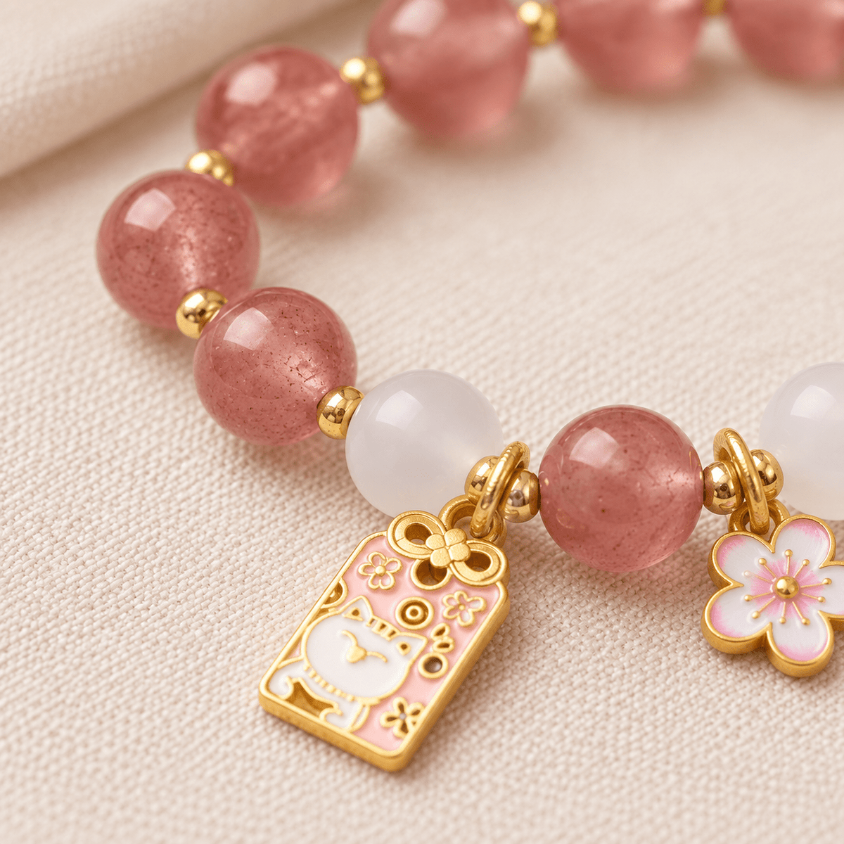 Strawberry Quartz & Lucky Cat Charm Bracelet - Ocean Rielle Studio